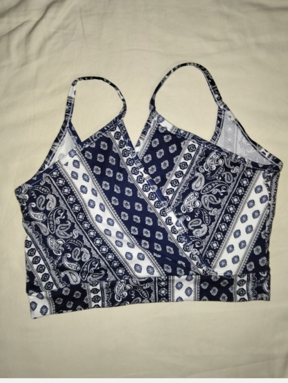 Printed Navy Blue Wrap-Front Cropped Cami